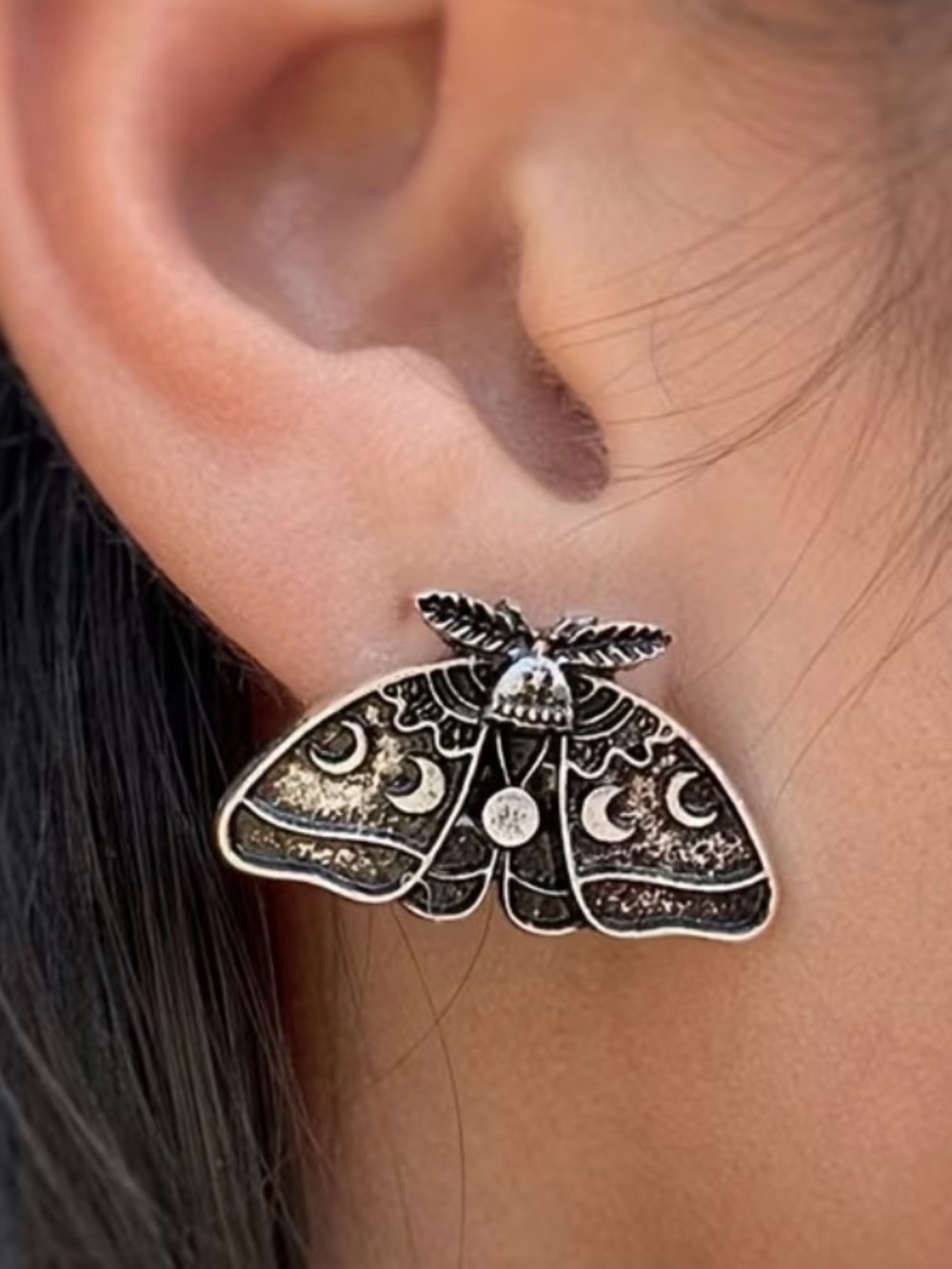 Silver Moon & Moth Stud Earrings